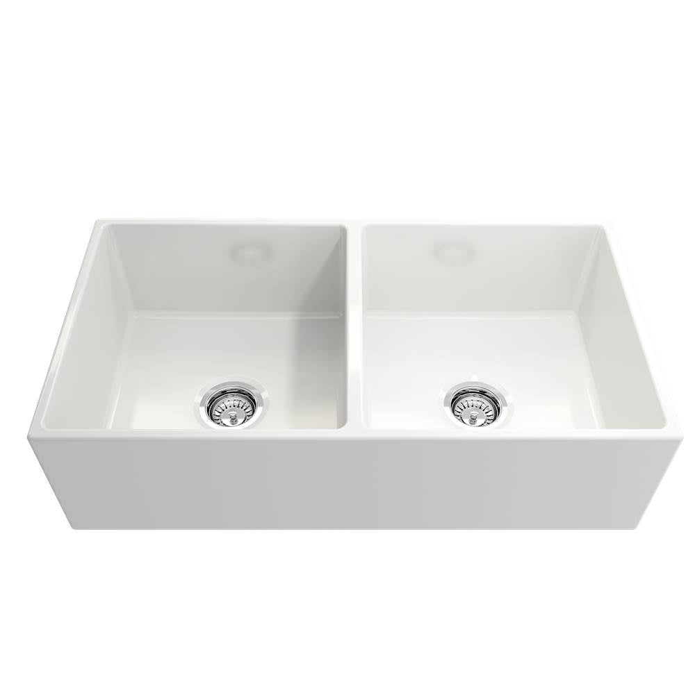 Contempo Apron Front Fireclay 36 in. Double Bowl Kitchen Sink with Protective Bottom Grids and Strainers in White