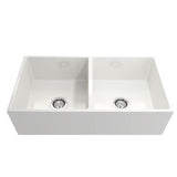 Contempo Apron Front Fireclay 36 in. Double Bowl Kitchen Sink with Protective Bottom Grids and Strainers in White