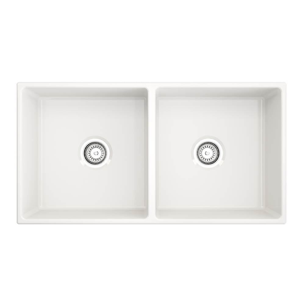 Contempo Apron Front Fireclay 36 in. Double Bowl Kitchen Sink with Protective Bottom Grids and Strainers in White
