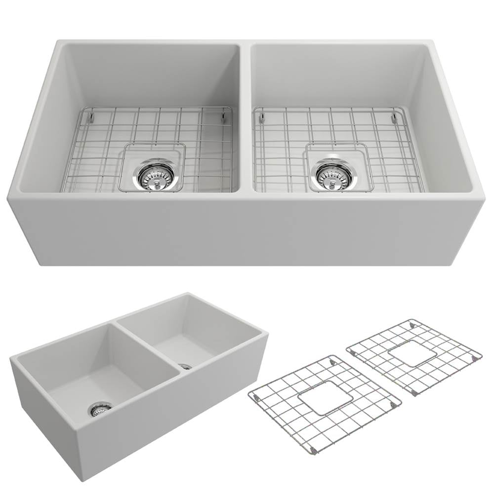 BOCCHI - Contempo Apron Front Fireclay 36 in. Double Bowl Kitchen Sink with Protective Bottom Grids and Strainers in Matte White - Matte White