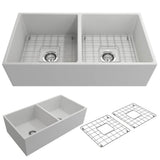 BOCCHI - Contempo Apron Front Fireclay 36 in. Double Bowl Kitchen Sink with Protective Bottom Grids and Strainers in Matte White - Matte White