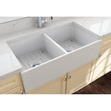Contempo Apron Front Fireclay 36 in. Double Bowl Kitchen Sink with Protective Bottom Grids and Strainers in White