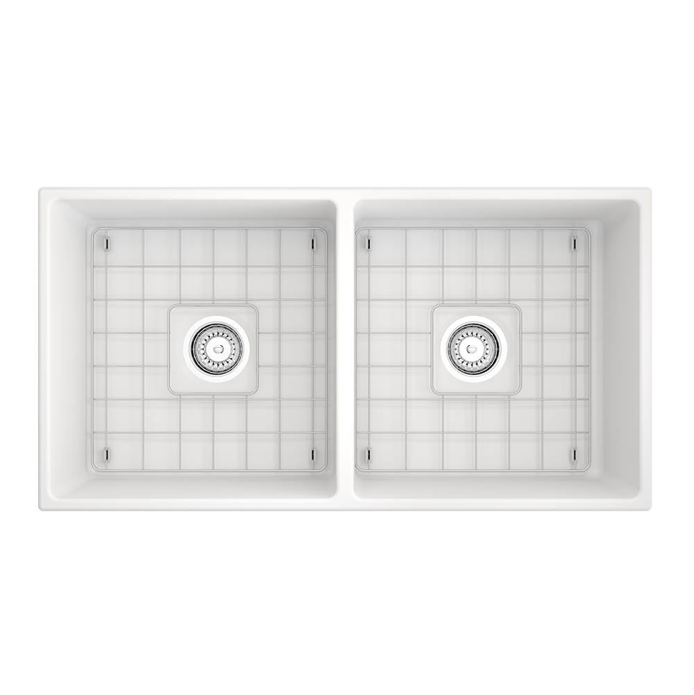 Contempo Apron Front Fireclay 36 in. Double Bowl Kitchen Sink with Protective Bottom Grids and Strainers in White
