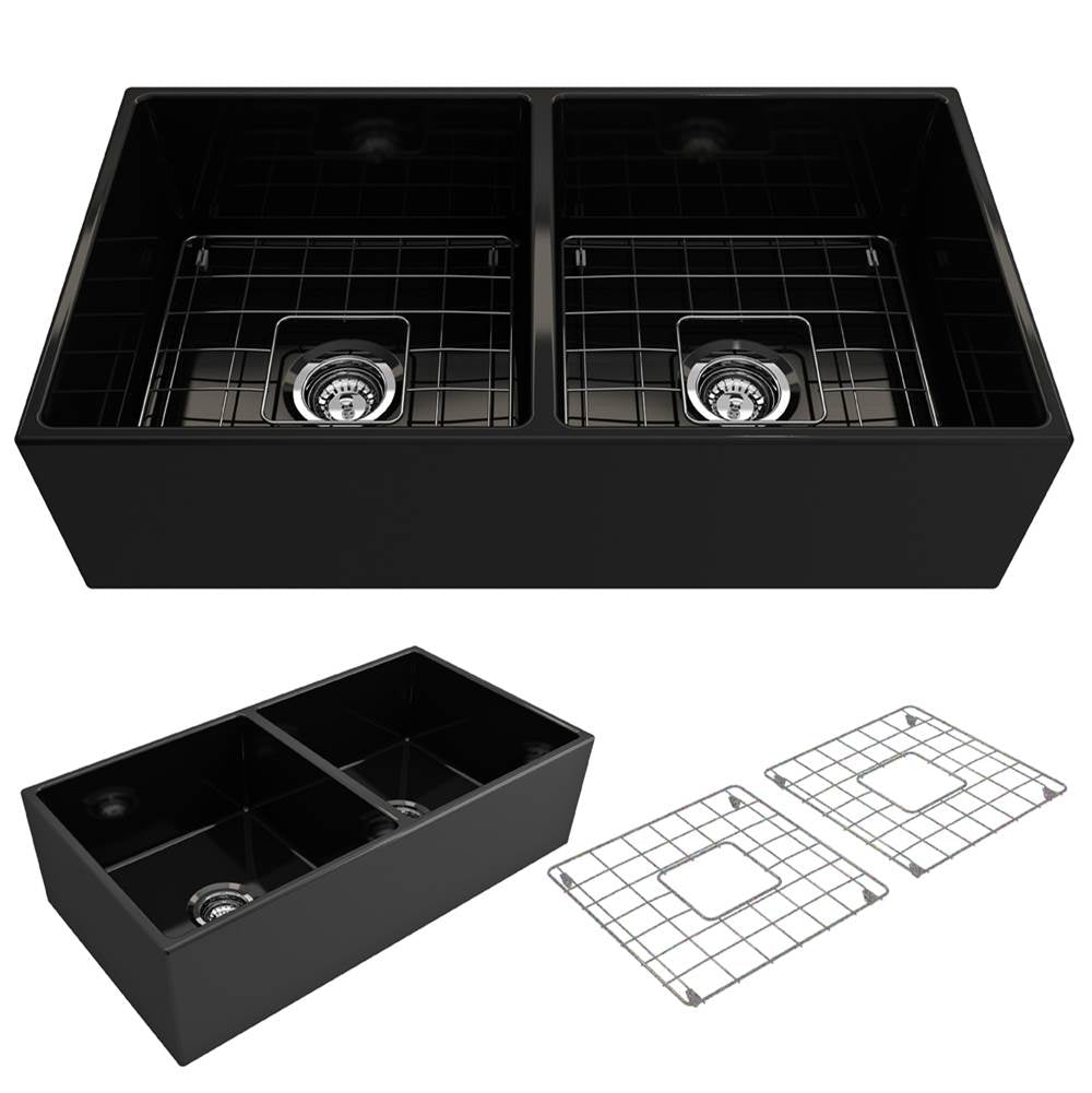 BOCCHI - Contempo Apron Front Fireclay 36 in. Double Bowl Kitchen Sink with Protective Bottom Grids and Strainers in Matte Black - Matte Black