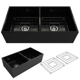 BOCCHI - Contempo Apron Front Fireclay 36 in. Double Bowl Kitchen Sink with Protective Bottom Grids and Strainers in Matte Black - Matte Black