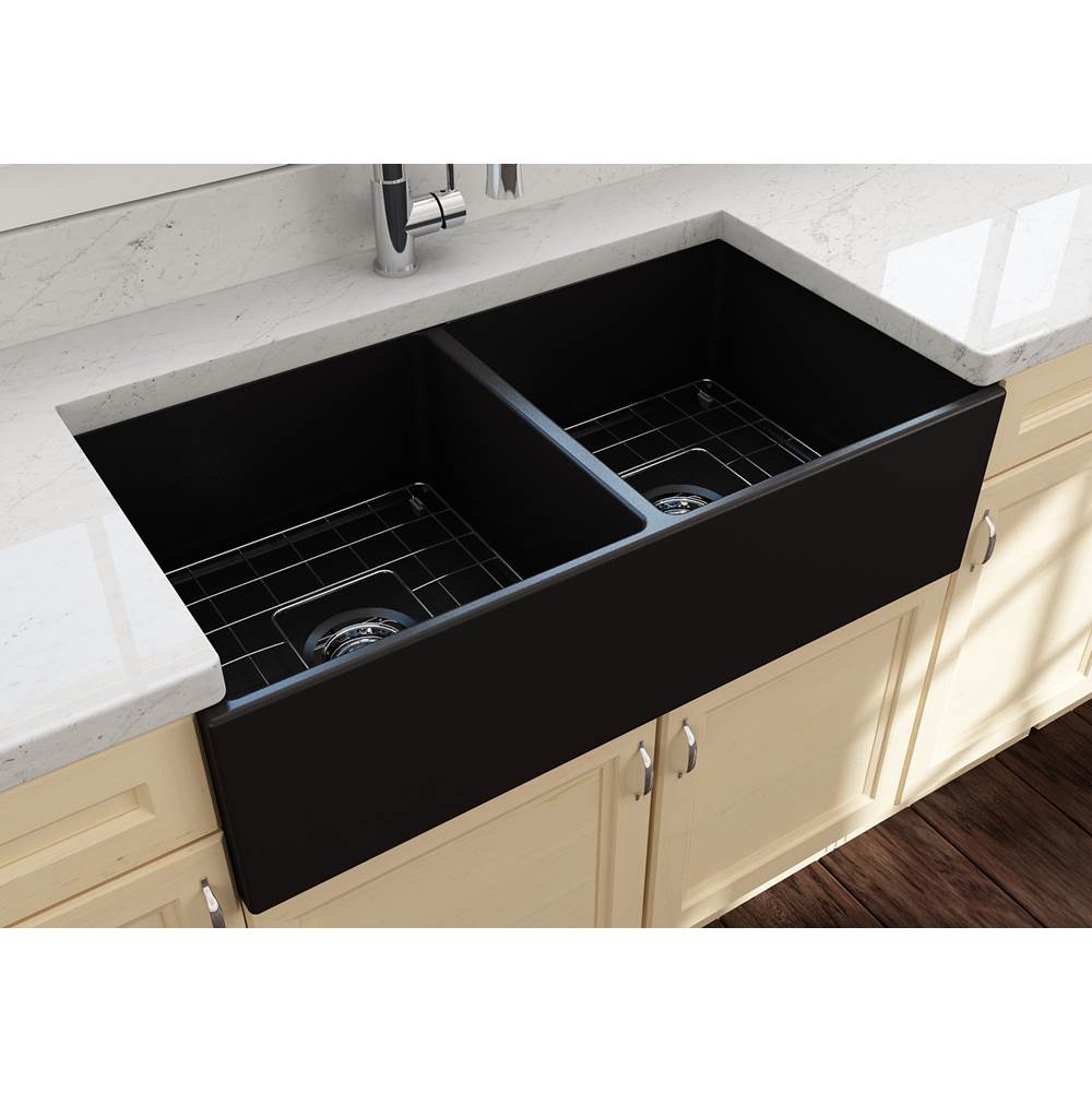 Contempo Apron Front Fireclay 36 in. Double Bowl Kitchen Sink with Protective Bottom Grids and Strainers in White