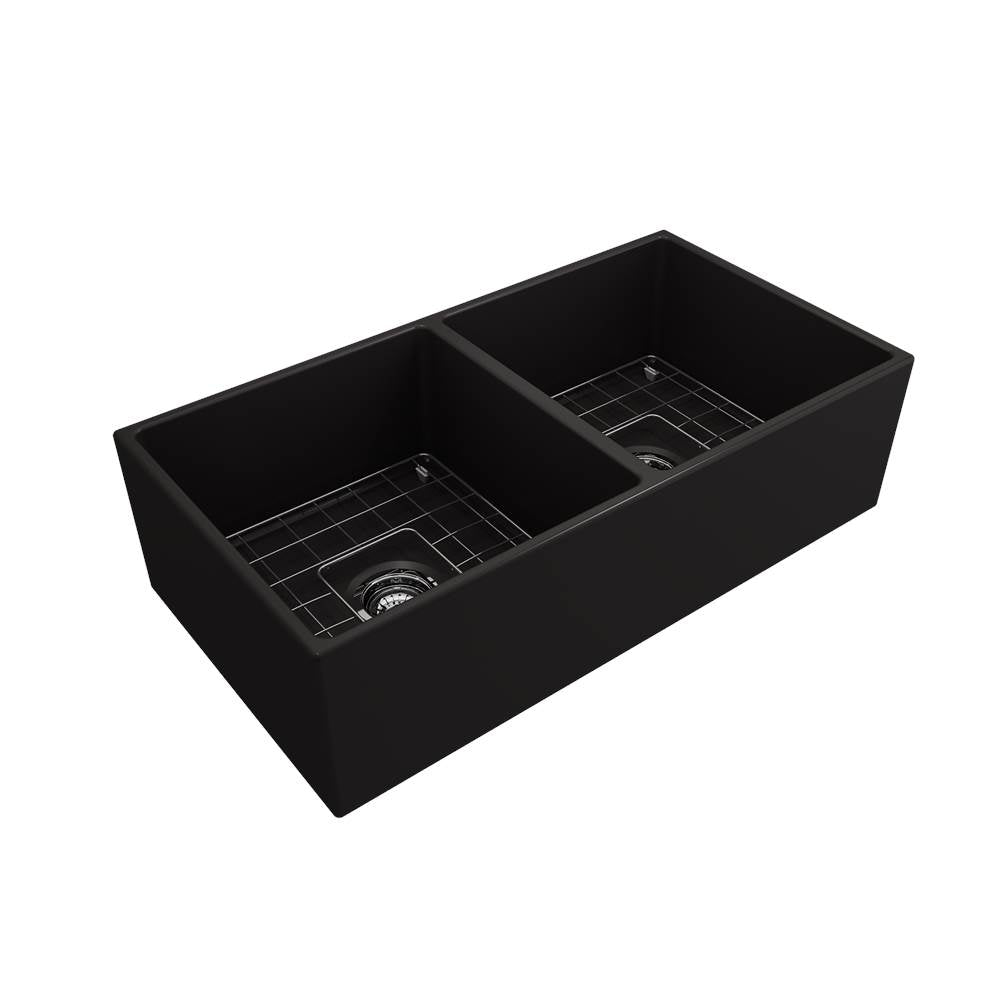 Contempo Apron Front Fireclay 36 in. Double Bowl Kitchen Sink with Protective Bottom Grids and Strainers in White