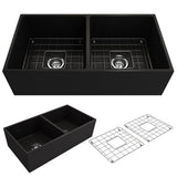 BOCCHI - Contempo Apron Front Fireclay 36 in. Double Bowl Kitchen Sink with Protective Bottom Grids and Strainers in Black - Black