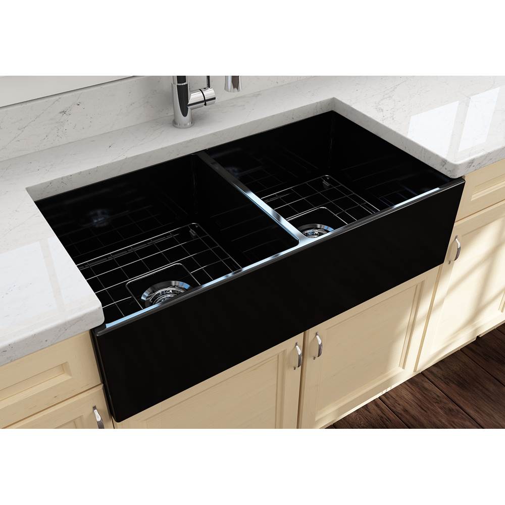 Contempo Apron Front Fireclay 36 in. Double Bowl Kitchen Sink with Protective Bottom Grids and Strainers in White