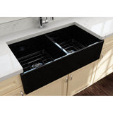 Contempo Apron Front Fireclay 36 in. Double Bowl Kitchen Sink with Protective Bottom Grids and Strainers in White