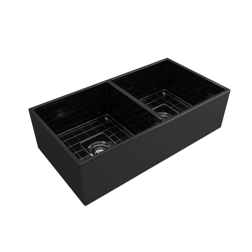 Contempo Apron Front Fireclay 36 in. Double Bowl Kitchen Sink with Protective Bottom Grids and Strainers in White