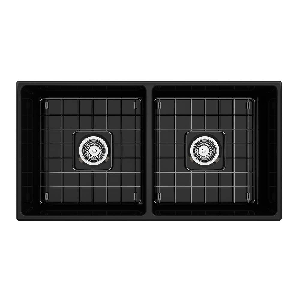 Contempo Apron Front Fireclay 36 in. Double Bowl Kitchen Sink with Protective Bottom Grids and Strainers in White