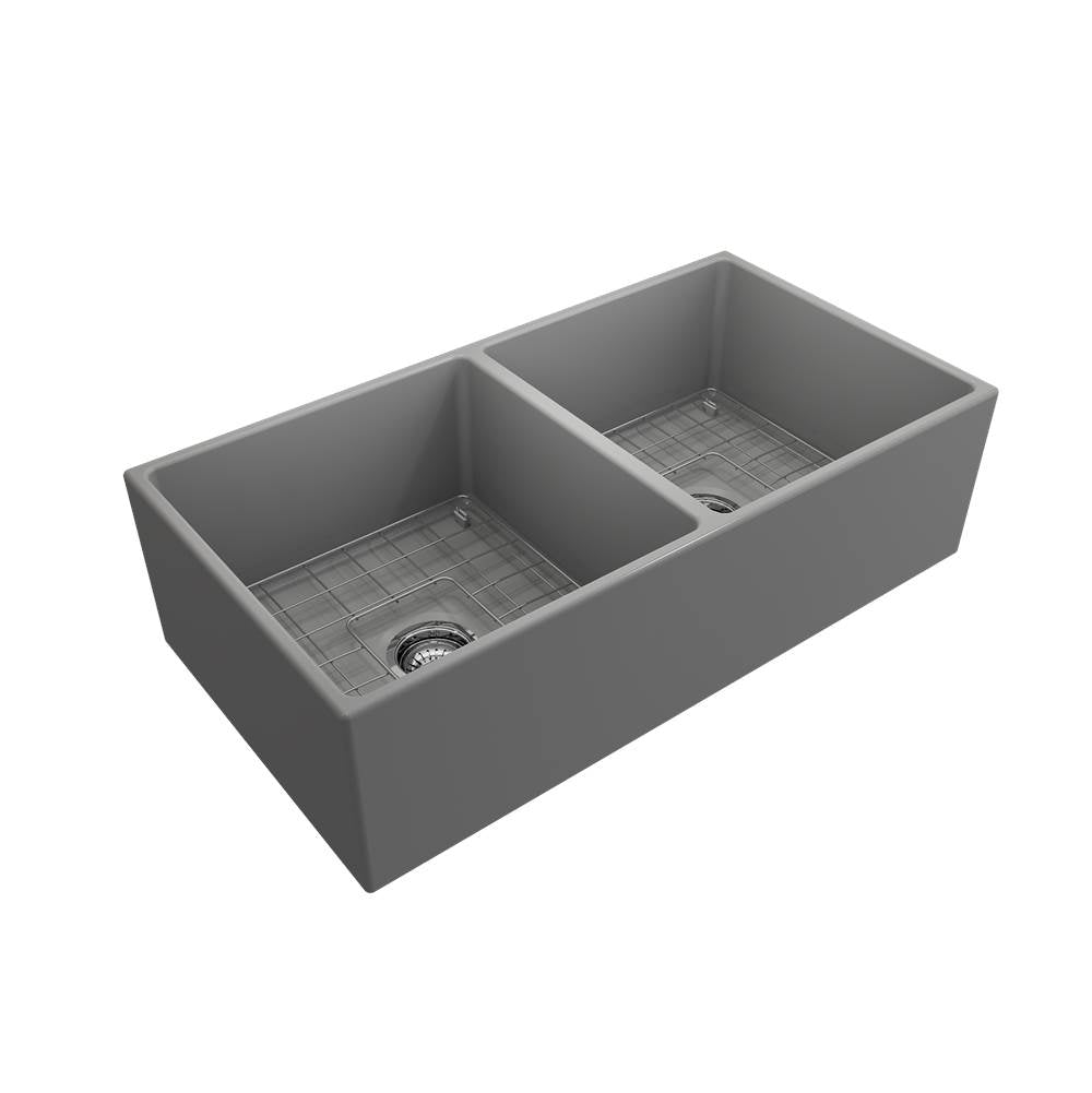 Contempo Apron Front Fireclay 36 in. Double Bowl Kitchen Sink with Protective Bottom Grids and Strainers in White