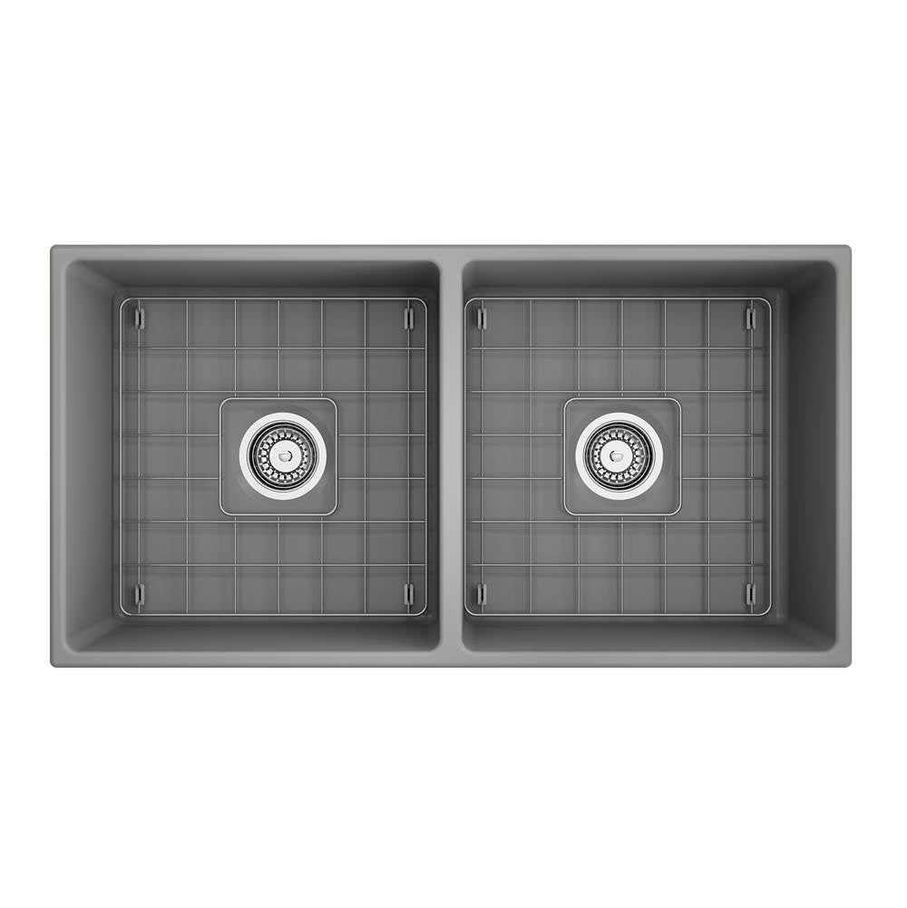 Contempo Apron Front Fireclay 36 in. Double Bowl Kitchen Sink with Protective Bottom Grids and Strainers in White
