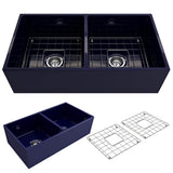 BOCCHI - Contempo Apron Front Fireclay 36 in. Double Bowl Kitchen Sink with Protective Bottom Grids and Strainers in Sapphire Blue - Sapphire Blue