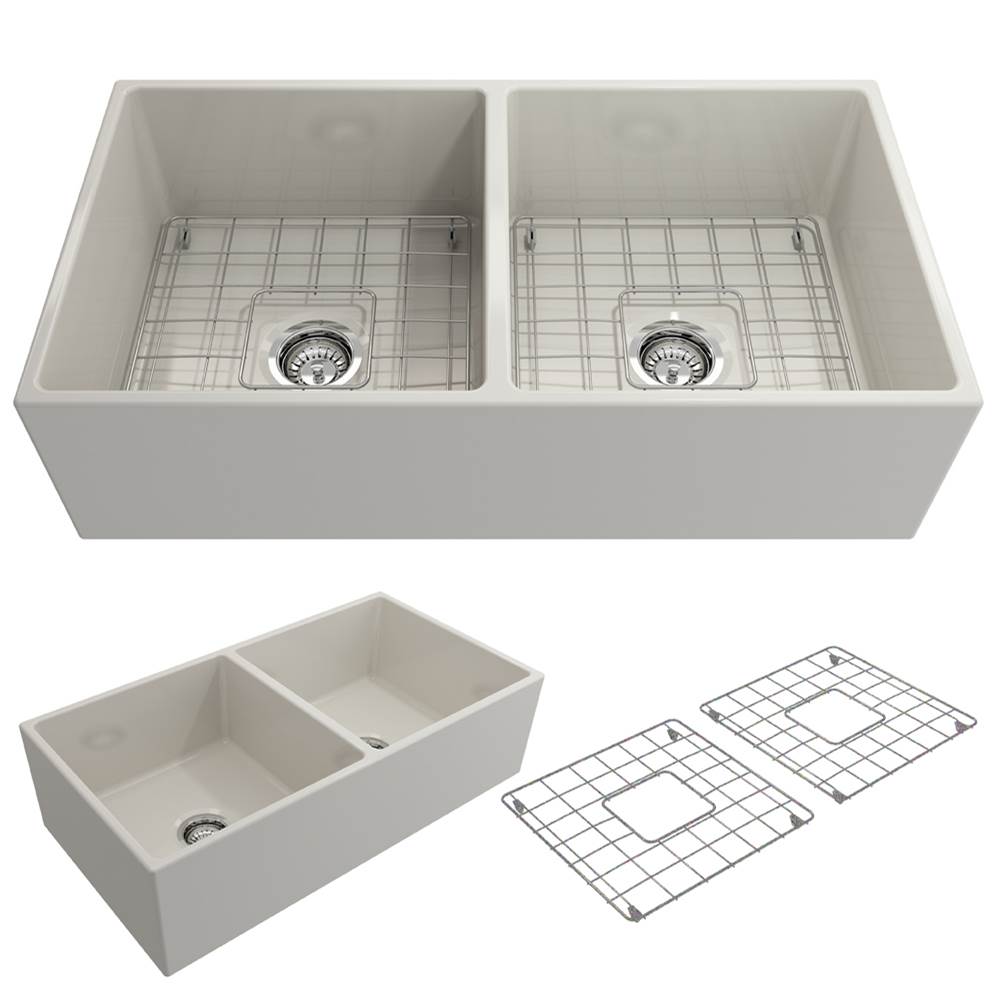 BOCCHI - Contempo Apron Front Fireclay 36 in. Double Bowl Kitchen Sink with Protective Bottom Grids and Strainers in Biscuit - Biscuit