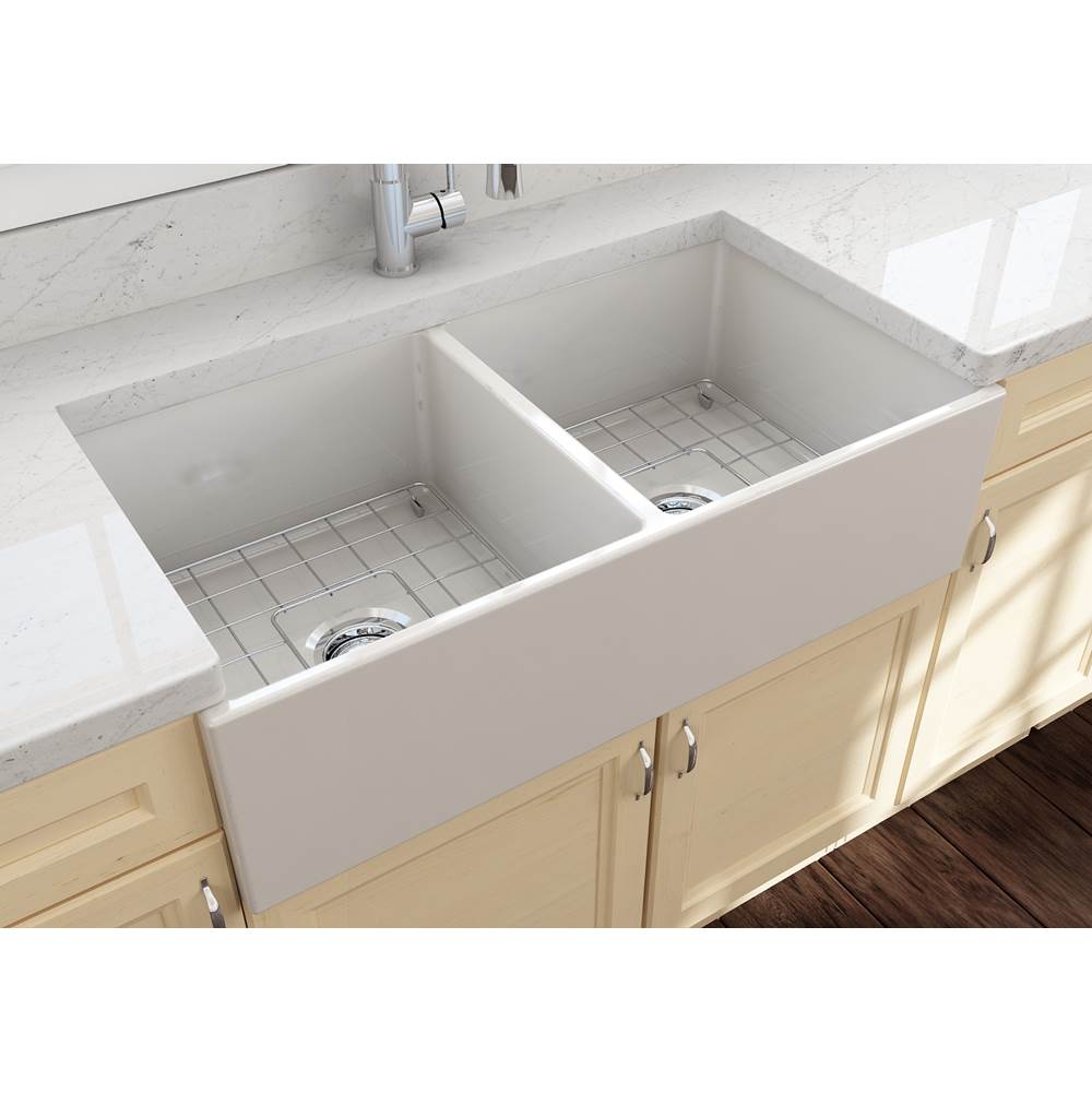 Contempo Apron Front Fireclay 36 in. Double Bowl Kitchen Sink with Protective Bottom Grids and Strainers in White