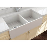Contempo Apron Front Fireclay 36 in. Double Bowl Kitchen Sink with Protective Bottom Grids and Strainers in White