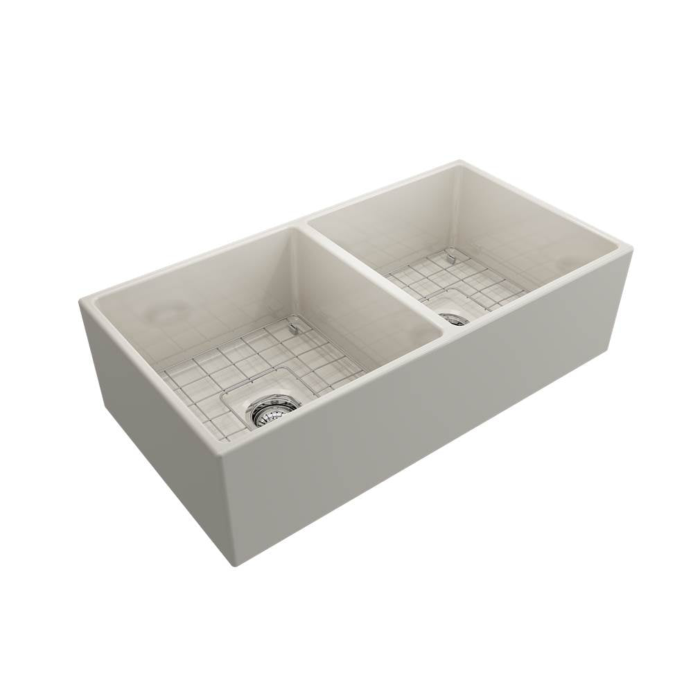 Contempo Apron Front Fireclay 36 in. Double Bowl Kitchen Sink with Protective Bottom Grids and Strainers in White