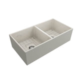 Contempo Apron Front Fireclay 36 in. Double Bowl Kitchen Sink with Protective Bottom Grids and Strainers in White