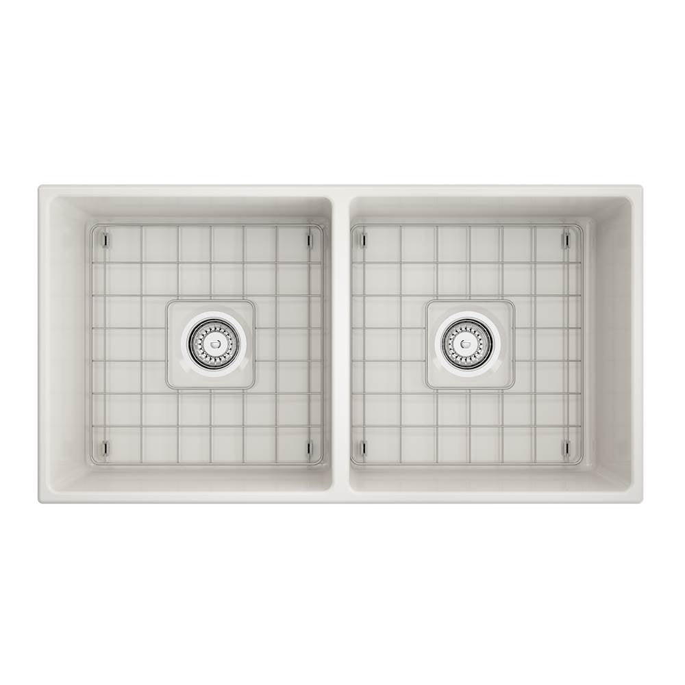 Contempo Apron Front Fireclay 36 in. Double Bowl Kitchen Sink with Protective Bottom Grids and Strainers in White