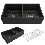 BOCCHI - Contempo Apron Front Fireclay 36 in. Double Bowl Kitchen Sink with Protective Bottom Grids and Strainers in Matte Dark Gray - Matte Dark Gray