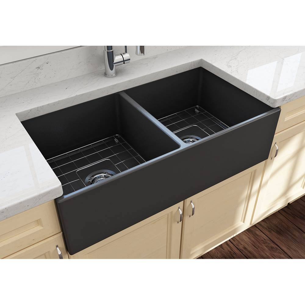 Contempo Apron Front Fireclay 36 in. Double Bowl Kitchen Sink with Protective Bottom Grids and Strainers in White