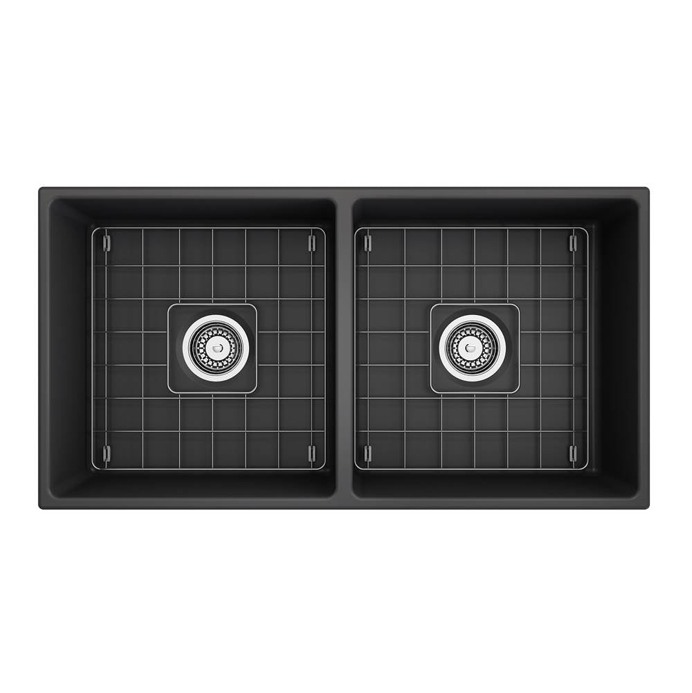 Contempo Apron Front Fireclay 36 in. Double Bowl Kitchen Sink with Protective Bottom Grids and Strainers in White