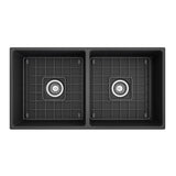 Contempo Apron Front Fireclay 36 in. Double Bowl Kitchen Sink with Protective Bottom Grids and Strainers in White