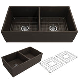 BOCCHI - Contempo Apron Front Fireclay 36 in. Double Bowl Kitchen Sink with Protective Bottom Grids and Strainers in Matte Brown - Matte Brown