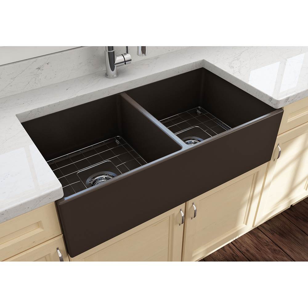Contempo Apron Front Fireclay 36 in. Double Bowl Kitchen Sink with Protective Bottom Grids and Strainers in White