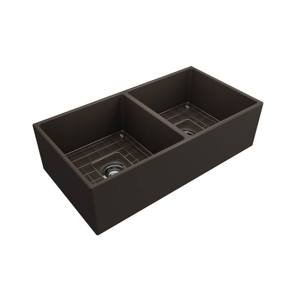 Contempo Apron Front Fireclay 36 in. Double Bowl Kitchen Sink with Protective Bottom Grids and Strainers in White