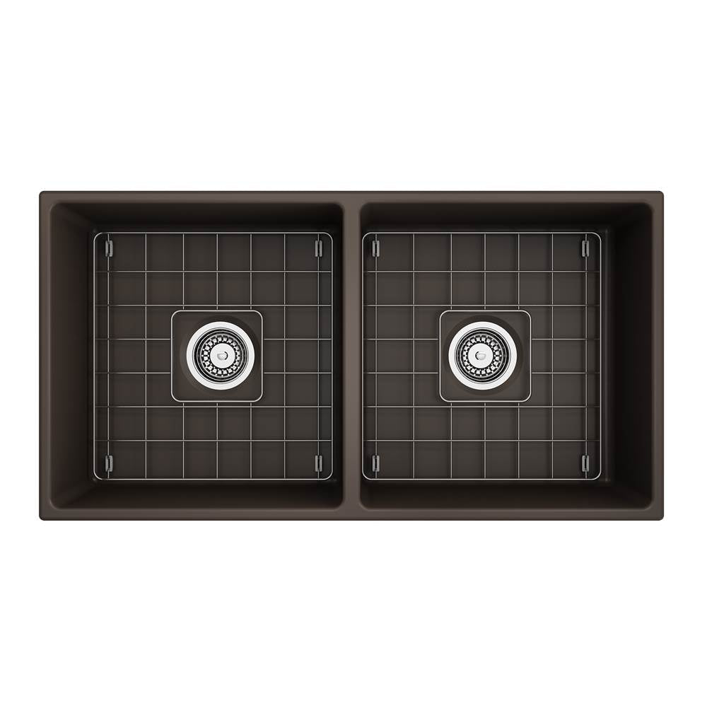 Contempo Apron Front Fireclay 36 in. Double Bowl Kitchen Sink with Protective Bottom Grids and Strainers in White
