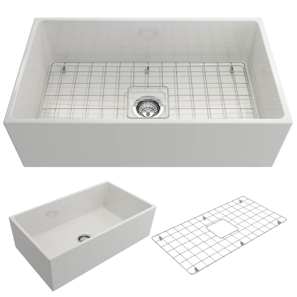 BOCCHI - Contempo Apron Front Fireclay 33 in. Single Bowl Kitchen Sink with Protective Bottom Grid and Strainer in White - White