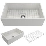 BOCCHI - Contempo Apron Front Fireclay 33 in. Single Bowl Kitchen Sink with Protective Bottom Grid and Strainer in White - White