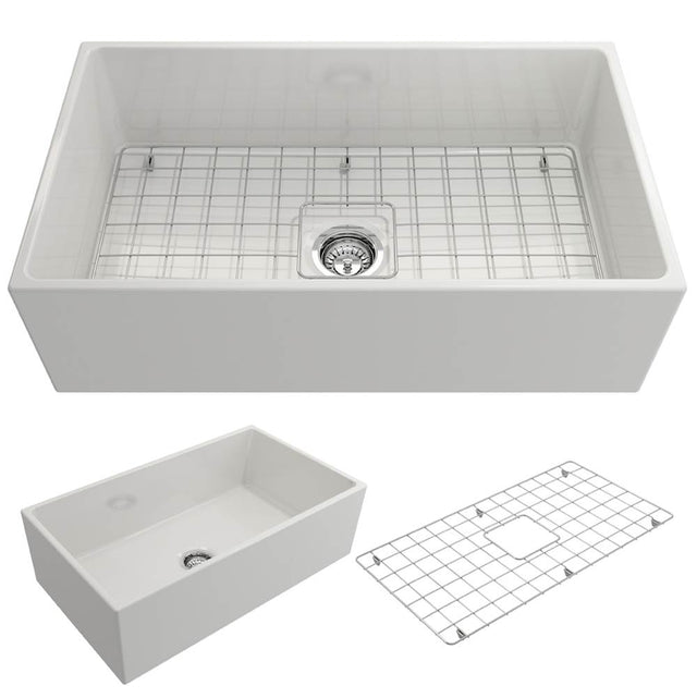 BOCCHI - Contempo Apron Front Fireclay 33 in. Single Bowl Kitchen Sink with Protective Bottom Grid and Strainer in White - White