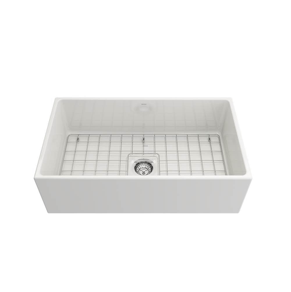 Contempo Apron Front Fireclay 33 in. Single Bowl Kitchen Sink with Protective Bottom Grid and Strainer in White