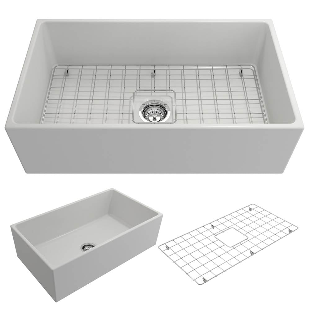 BOCCHI - Contempo Apron Front Fireclay 33 in. Single Bowl Kitchen Sink with Protective Bottom Grid and Strainer in White - Matte White