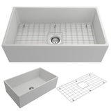 BOCCHI - Contempo Apron Front Fireclay 33 in. Single Bowl Kitchen Sink with Protective Bottom Grid and Strainer in White - Matte White