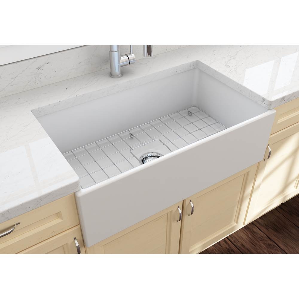Contempo Apron Front Fireclay 33 in. Single Bowl Kitchen Sink with Protective Bottom Grid and Strainer in White