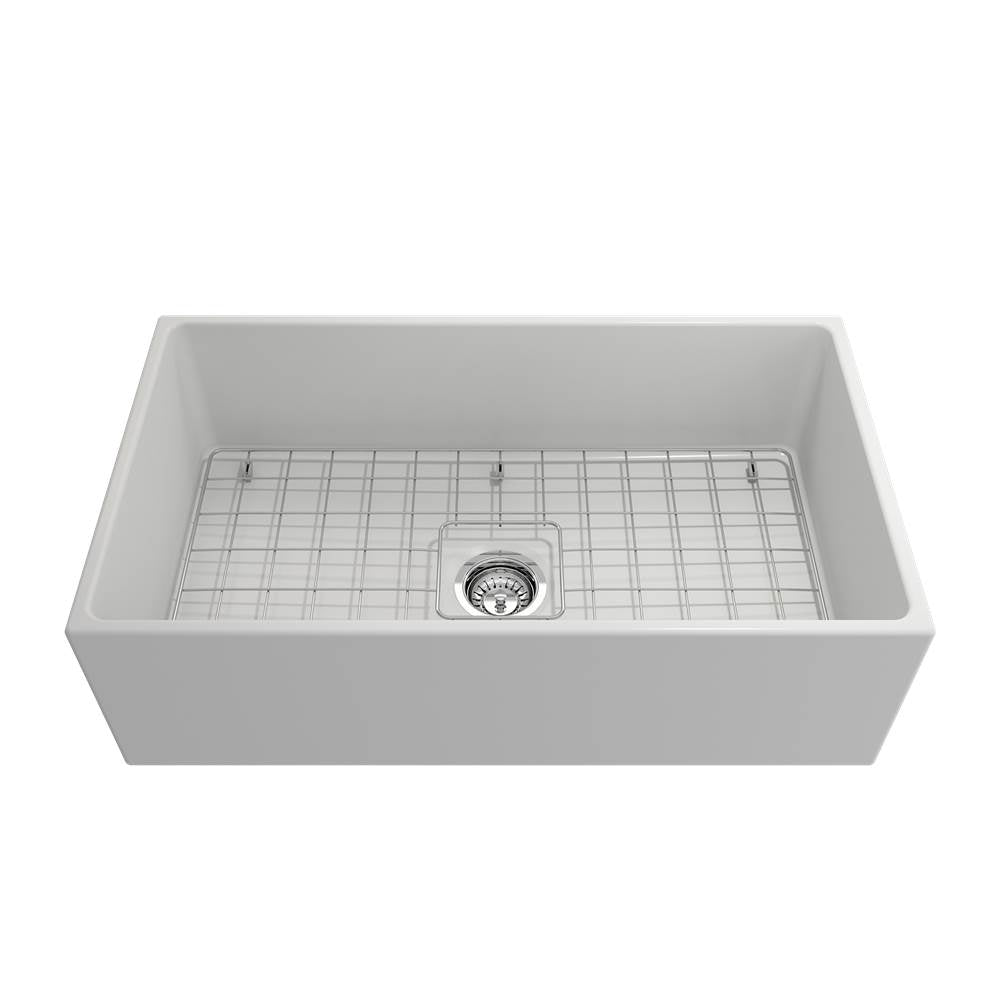 Contempo Apron Front Fireclay 33 in. Single Bowl Kitchen Sink with Protective Bottom Grid and Strainer in White