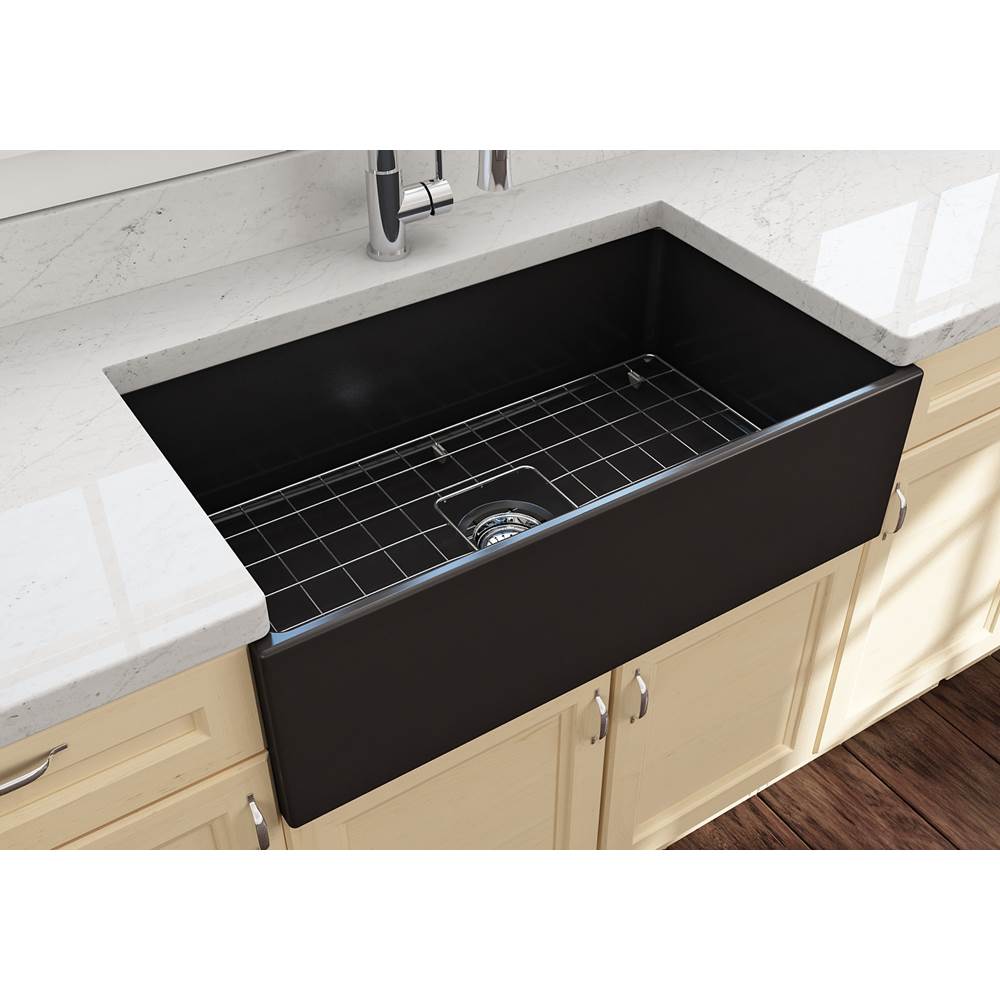 Contempo Apron Front Fireclay 33 in. Single Bowl Kitchen Sink with Protective Bottom Grid and Strainer in White