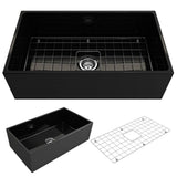 BOCCHI - Contempo Apron Front Fireclay 33 in. Single Bowl Kitchen Sink with Protective Bottom Grid and Strainer in Black - Black