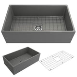 BOCCHI - Contempo Apron Front Fireclay 33 in. Single Bowl Kitchen Sink with Protective Bottom Grid and Strainer in Matte Gray - Matte Gray
