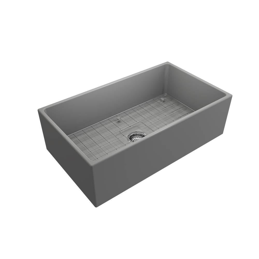Contempo Apron Front Fireclay 33 in. Single Bowl Kitchen Sink with Protective Bottom Grid and Strainer in White