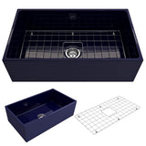 BOCCHI - Contempo Apron Front Fireclay 33 in. Single Bowl Kitchen Sink with Protective Bottom Grid and Strainer in Sapphire Blue - Sapphire Blue
