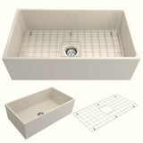 BOCCHI - Contempo Apron Front Fireclay 33 in. Single Bowl Kitchen Sink with Protective Bottom Grid and Strainer in Biscuit - Biscuit