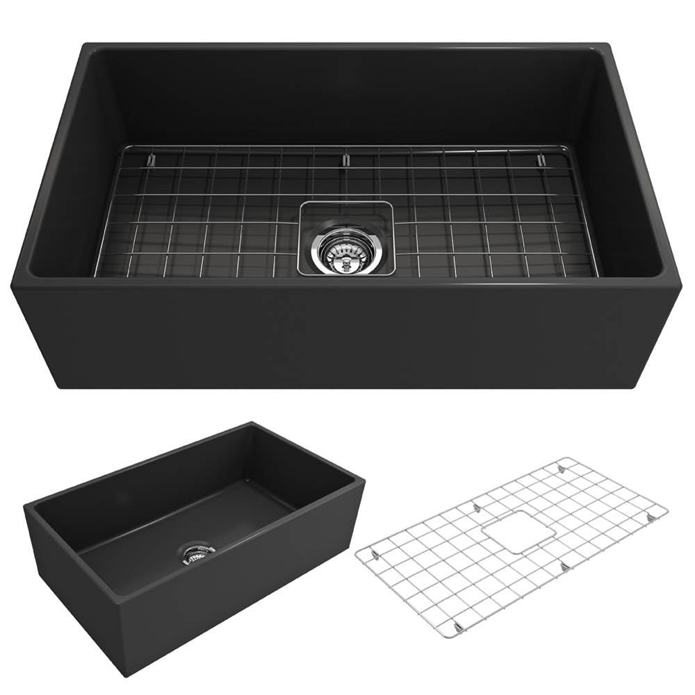 BOCCHI - Contempo Apron Front Fireclay 33 in. Single Bowl Kitchen Sink with Protective Bottom Grid and Strainer in Matte Dark Gray - Matte Dark Gray