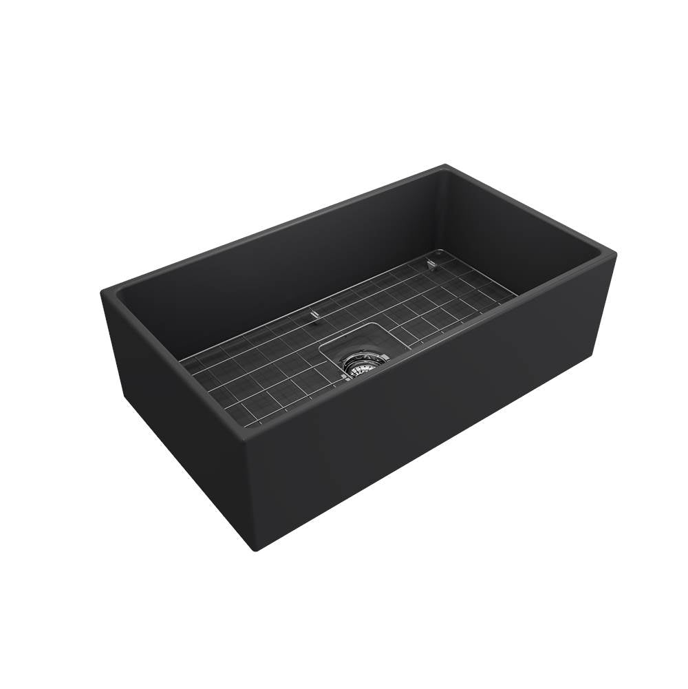 Contempo Apron Front Fireclay 33 in. Single Bowl Kitchen Sink with Protective Bottom Grid and Strainer in White