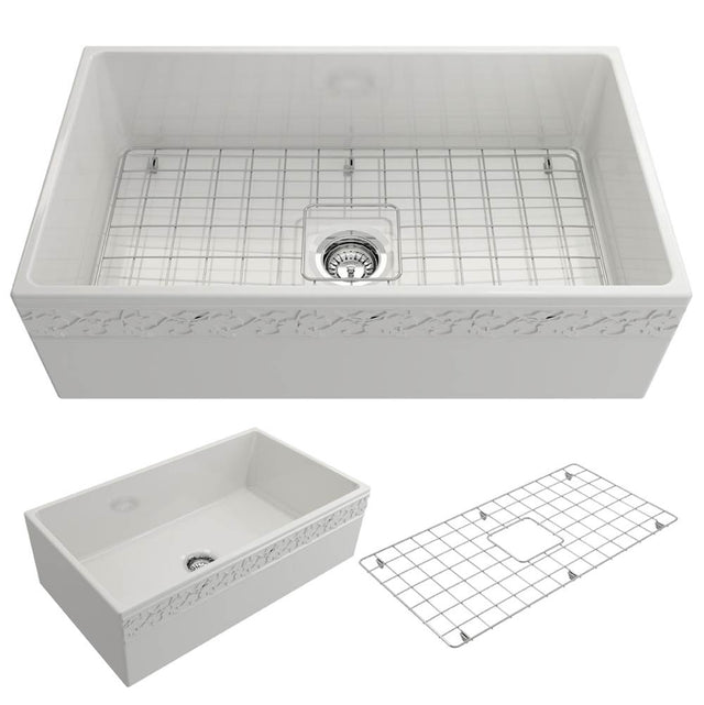 BOCCHI - Vigneto Apron Front Fireclay 33 in. Single Bowl Kitchen Sink with Protective Bottom Grid and Strainer in White - White